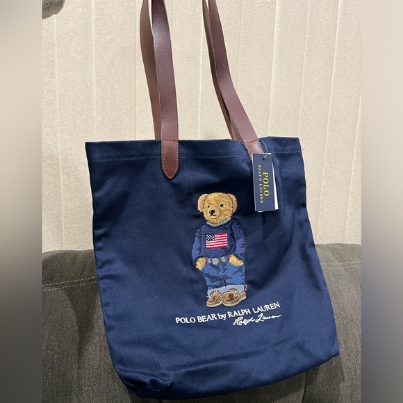 NEW Polo Ralph Lauren Polo Bear American flag sweater Navy Tote Bag - Picture 3 of 13